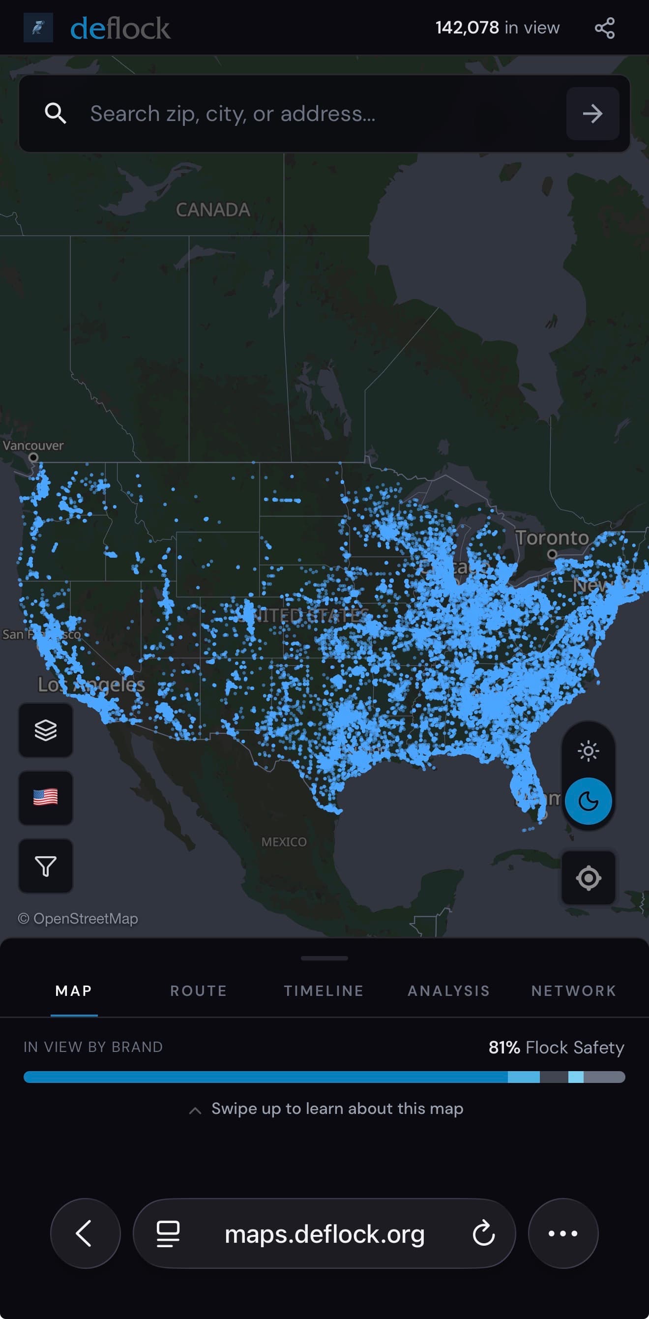 User-supplied nationwide DeFlock map screenshot showing blue mapped-camera markers, 142,078 in view, and an 81% Flock Safety share.