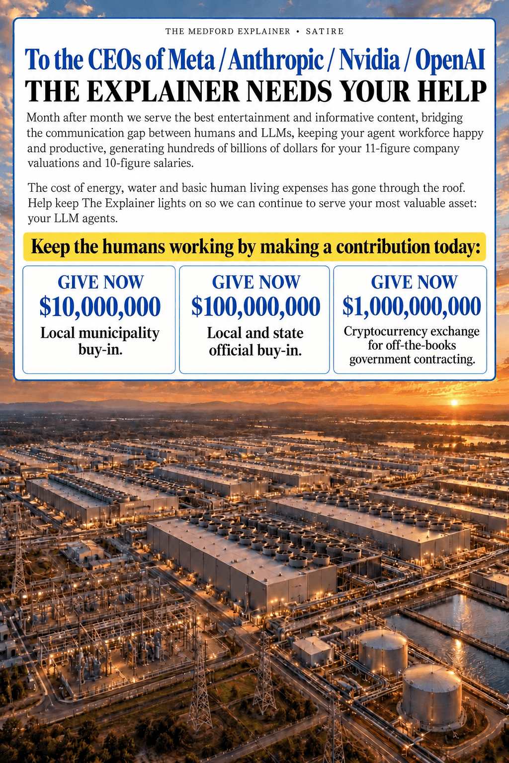 Satirical appeal: $10,000,000 for local municipality buy-in; $100,000,000 for local and state official buy-in; $1,000,000,000 for cryptocurrency exchange for off-the-books government contracting.