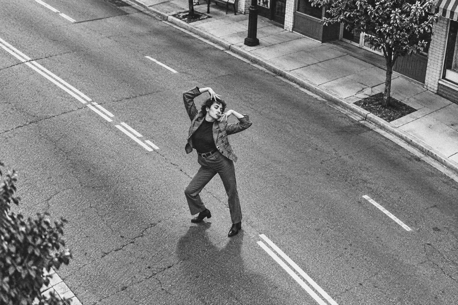 Black and white fictional camera view of a person striking a dance pose on a closed street.