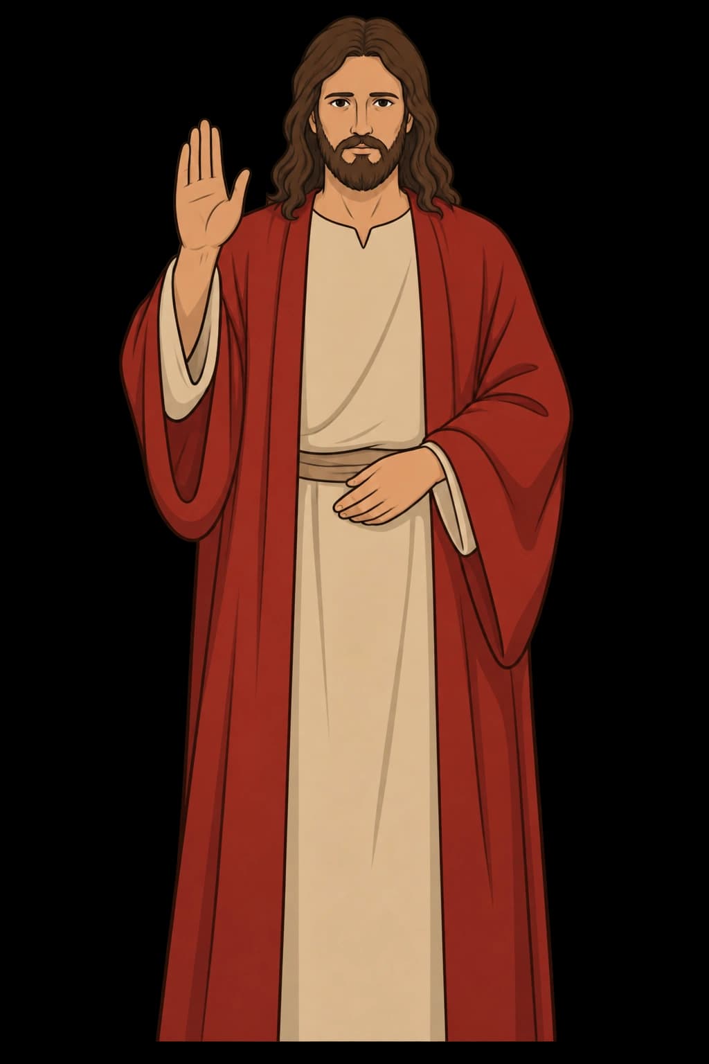 Isolated cartoon illustration of Jesus in a red robe over a cream tunic, with one hand raised in blessing.