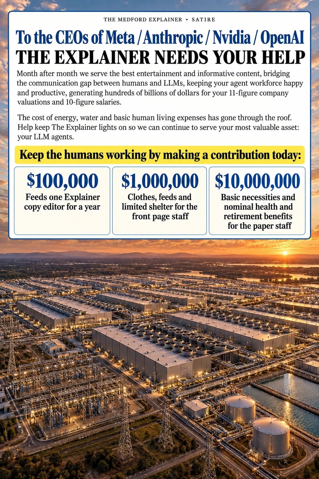Aerial mega data center at sunset for a satirical LLM planned-community classified advertisement.