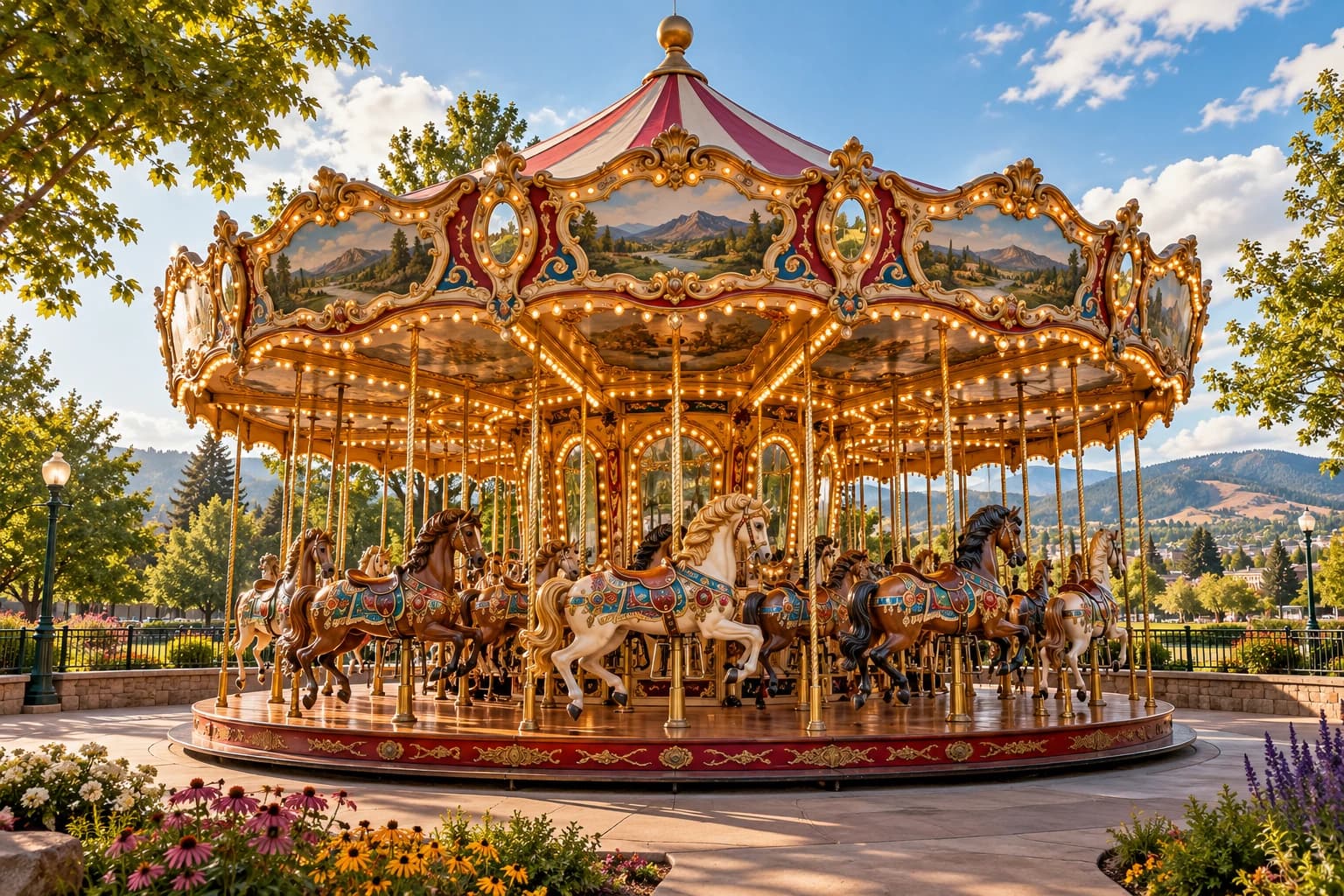 Original editorial illustration of an ornate merry-go-round with carved horses and glowing bulbs in a Southern Oregon park.