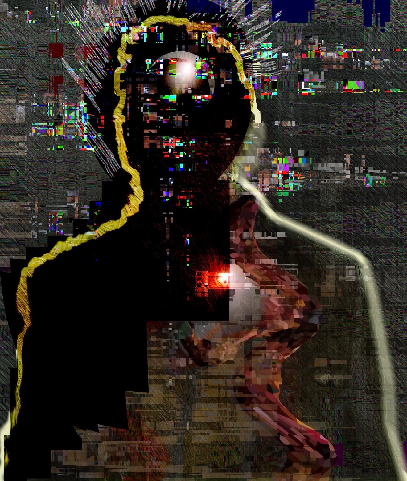 Portrait of the Artist as a Young Star System: a fragmented human profile with a bright forehead star, gold silhouette and multicolored digital interference.
