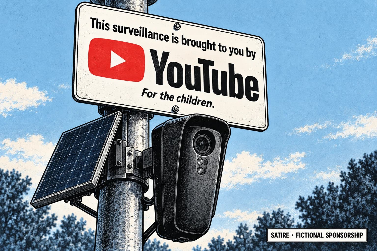 Illustrated roadside license-plate-reader camera beneath an invented YouTube advertisement reading ‘This surveillance is brought to you by YouTube. For the children.’ with a satire label.