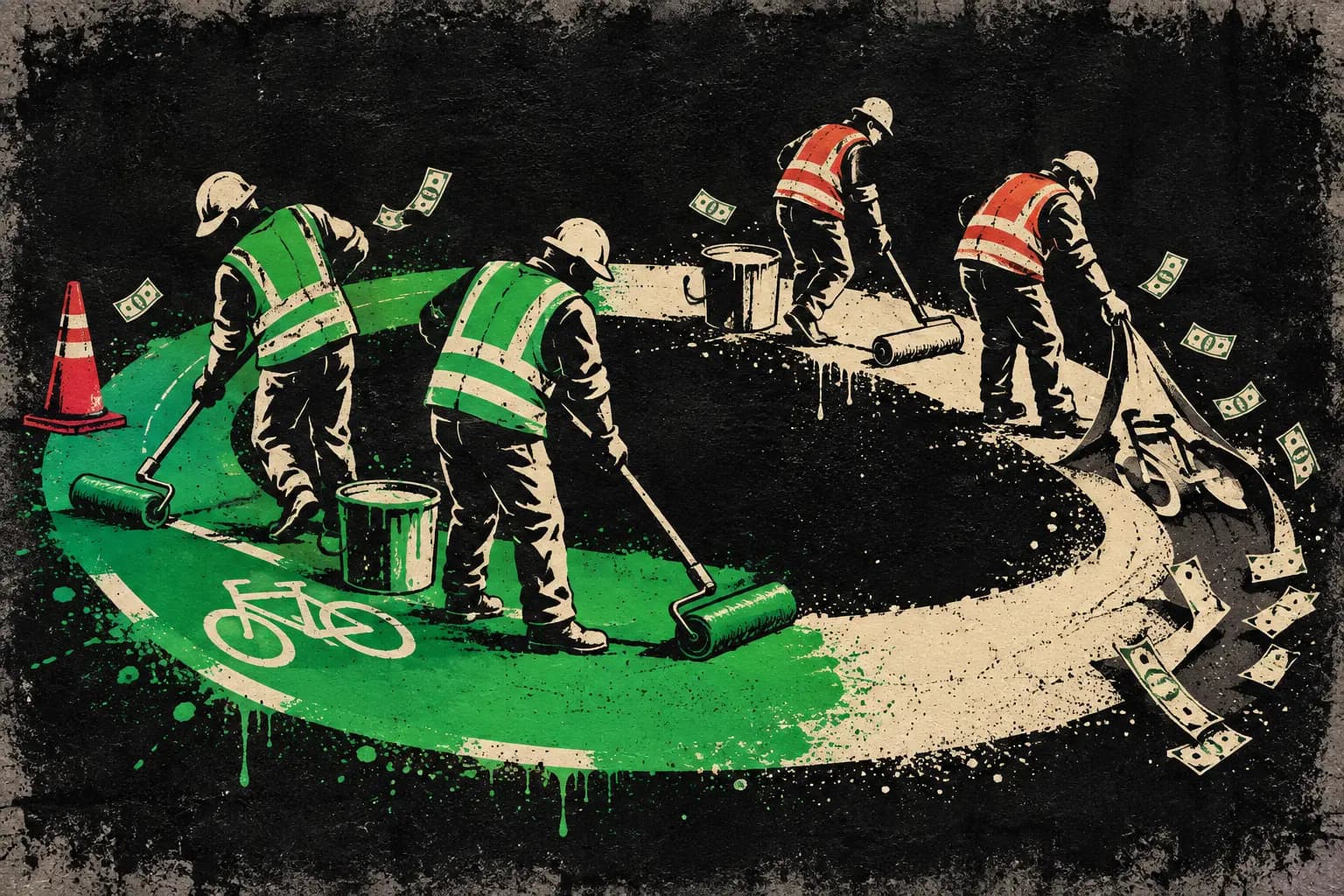 Satirical stencil mural of municipal crews painting and immediately removing the same looping green bike lane while money blows past