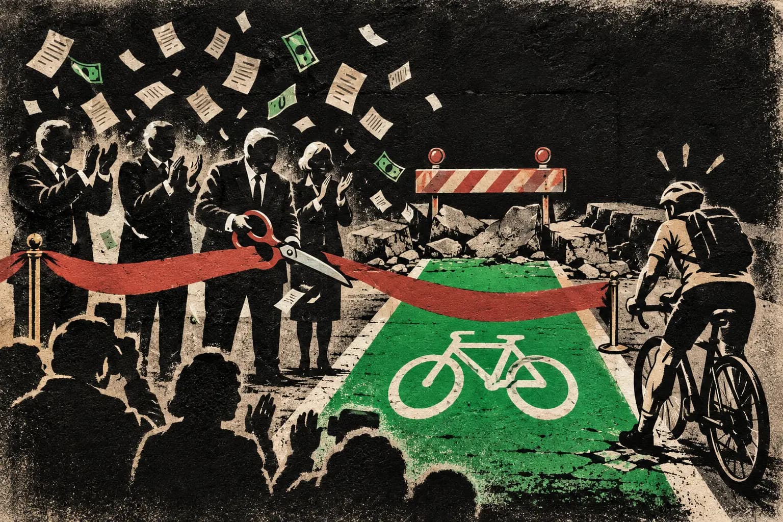 Satirical stencil mural of civic officials cutting a ribbon across a green bike lane that immediately ends at rubble and a barricade