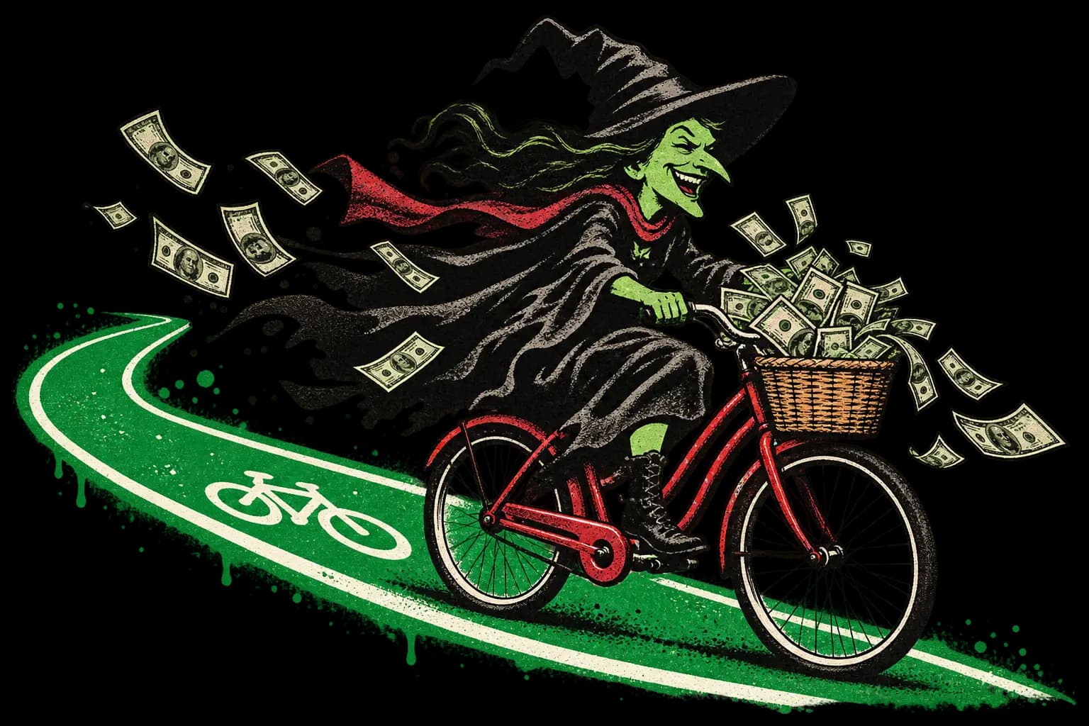 Satirical stencil mural of a green storybook witch riding a bicycle in a green bike lane with money overflowing from the basket
